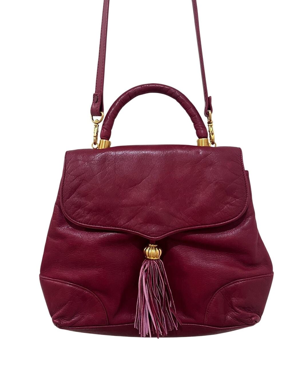 Albert Nipon Satchel Womens Medium Burgundy Leather Top Handle Tassel Crossbody